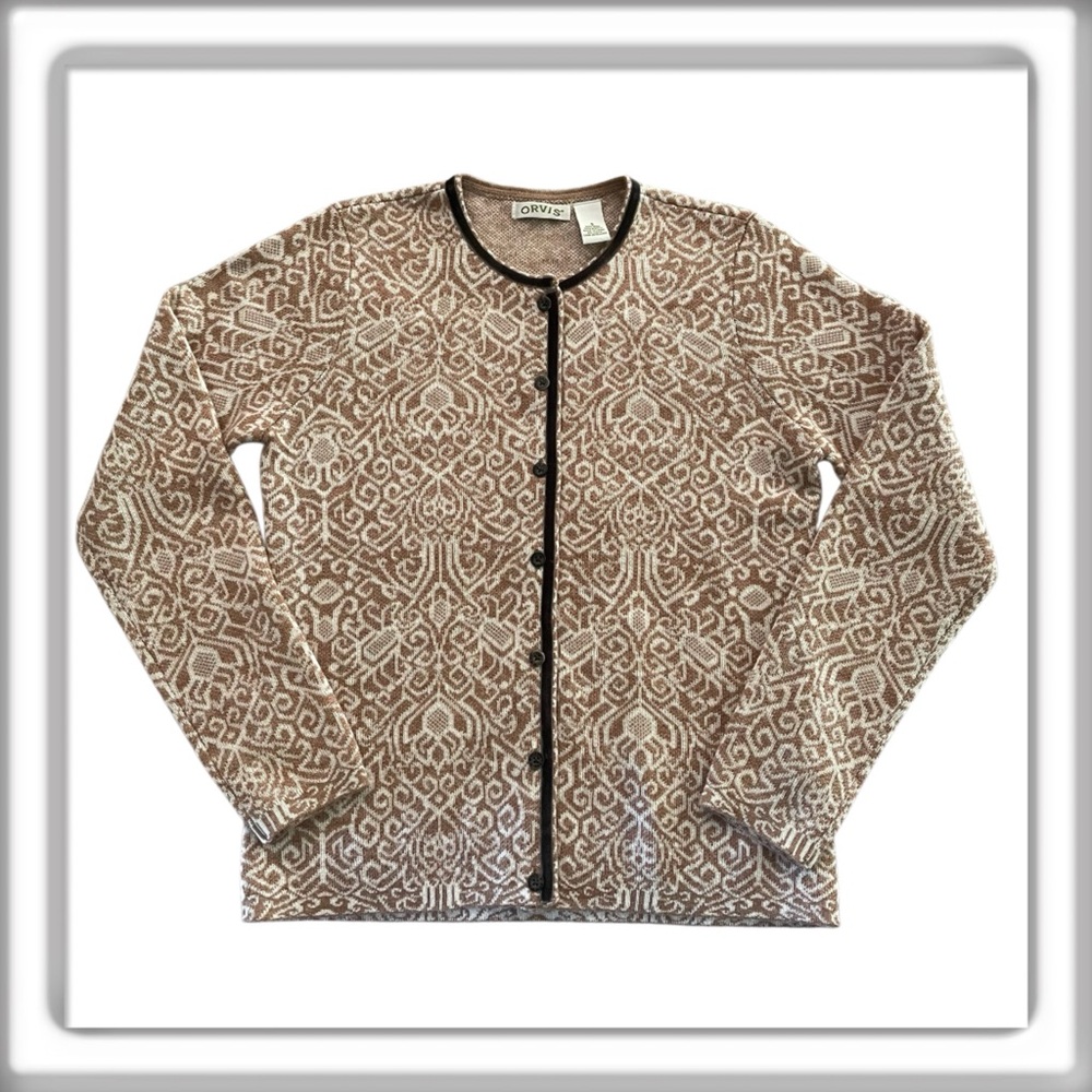 Orvis Button Front Sweater Cardigan Wool Blend Velvet Trim Tan Size Small
